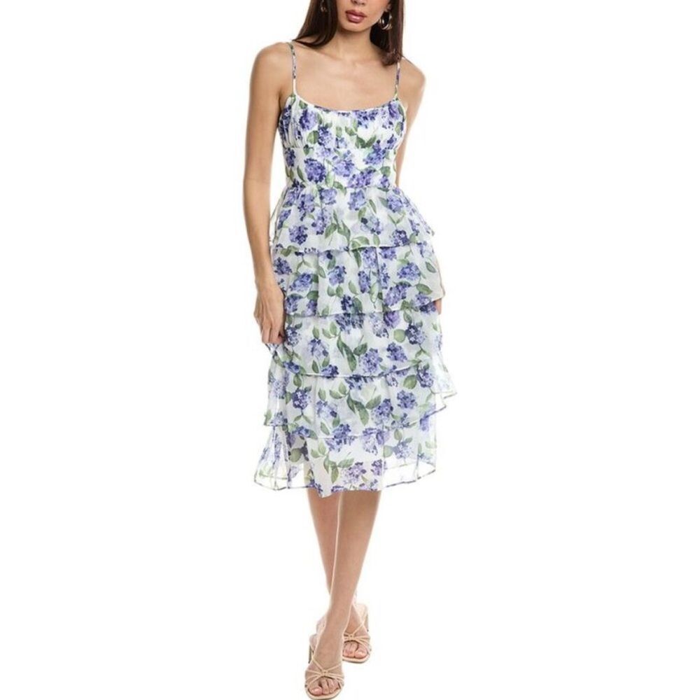 Amanda Uprichard Adelina Floral Tiered Midi Dress Purple White S